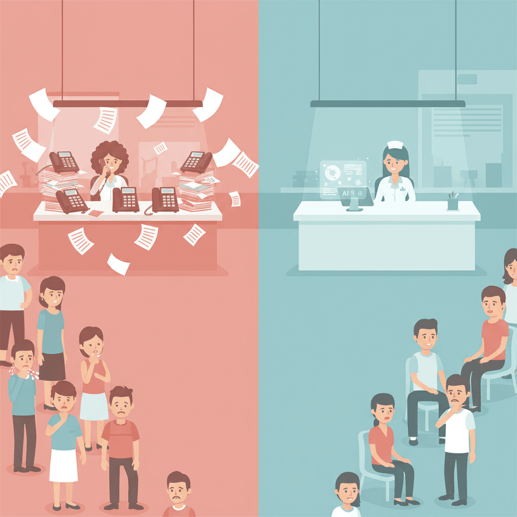 Hospital front desk staff focusing on patients while AI handles routine messages